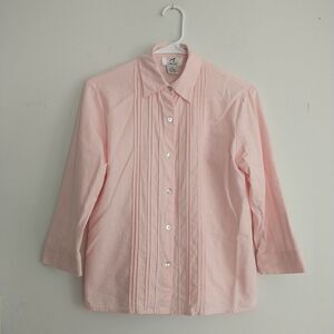 M. Collection Linen Blend Button Up Blouse S Pink Pleated Pintuck 3/4 Sleeve